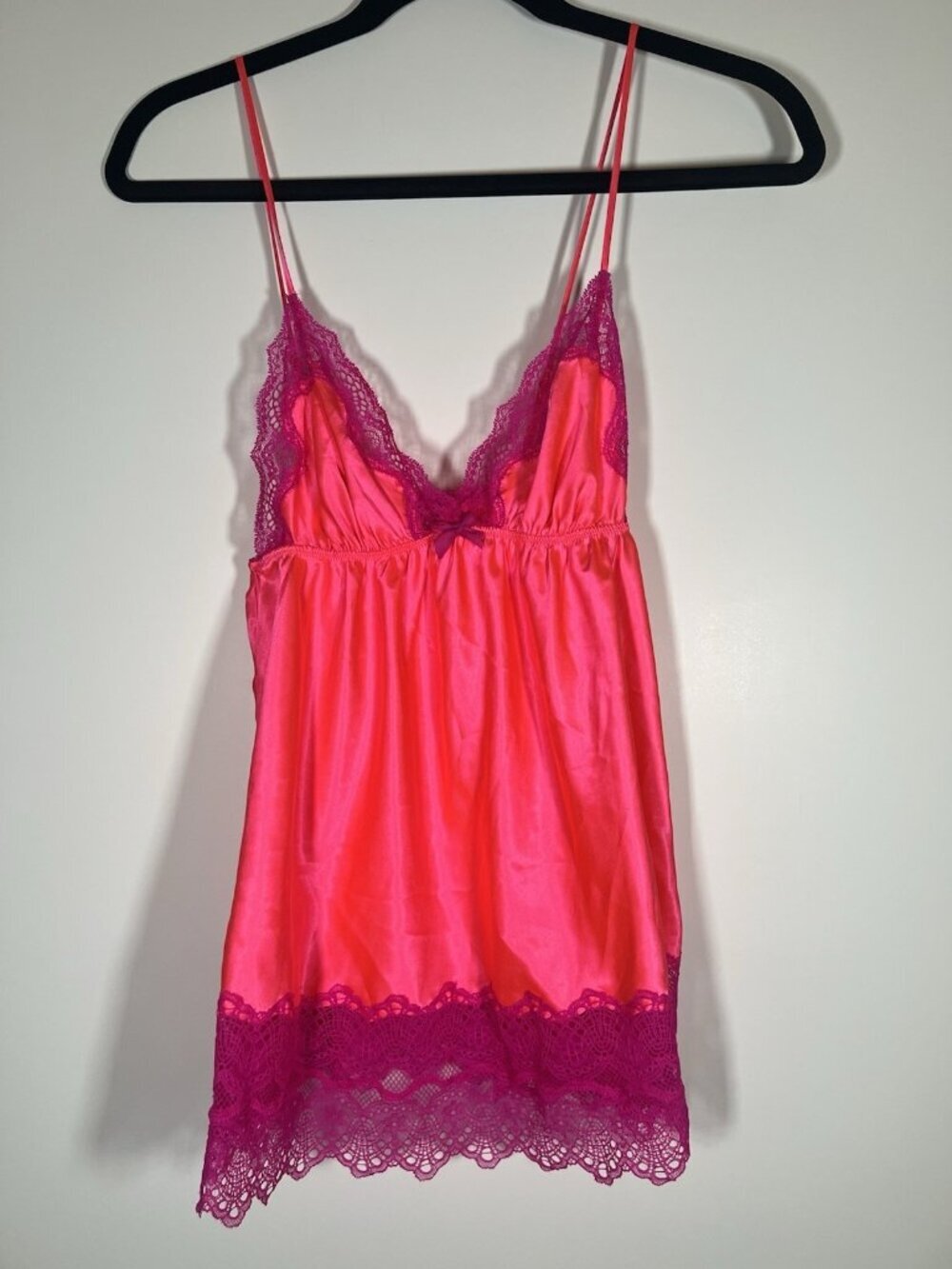Victoria's Secret hot pink neon satin lace babydoll top straps S coquette